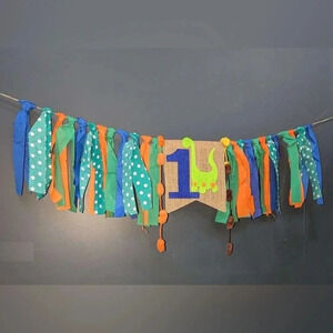 Baby 1 Year Old First Birthday High Chair Banner Party  Dinosaur Burlap Ribbon